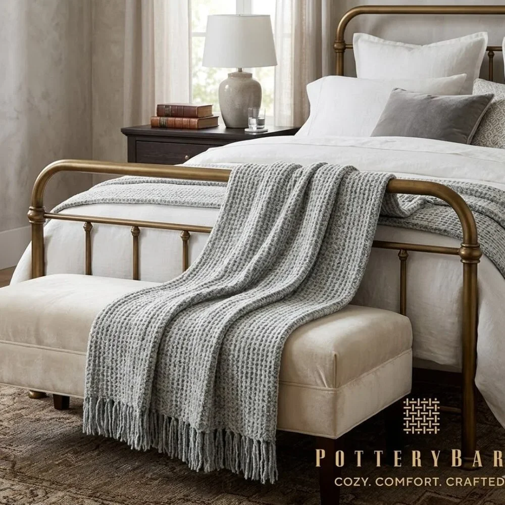 Pottery Barn NWT multi color Mohair fringe woven yarn dyed throw blanket
